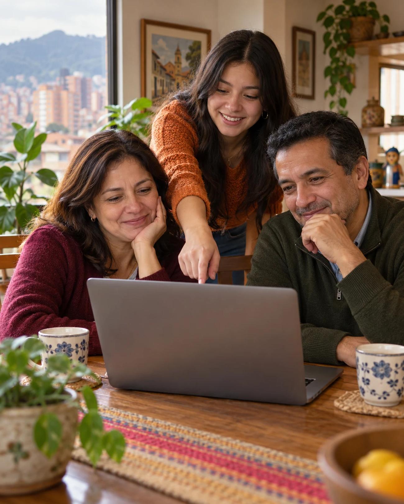 Una familia en Bogotá mirando opciones de universidad en el portátil